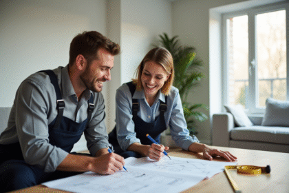 Entrepreneur en uniforme discutant avec un locataire dans un appartement lumineux
