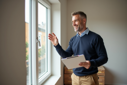 Homme souriant vérifiant une fenêtre économe en énergie dans un salon moderne