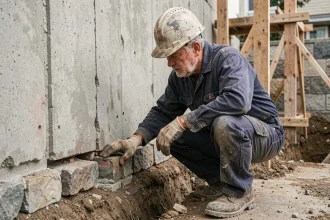 Ouvrier inspectant une fondation en béton exposée lors d'une reprise en sous-œuvre dans une maison ancienne