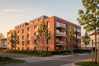 Résidence neuve en briques roses dans un quartier de Toulouse