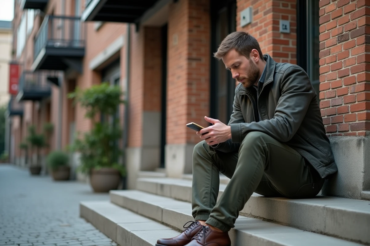 Habitant consultant un plan interactif de Saint-Étienne sur son smartphone dans un quartier réhabilité