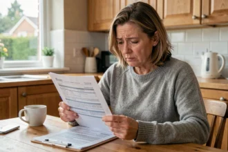 Femme lisant un contrat d'assurance habitation à table dans une cuisine, stylo à la main