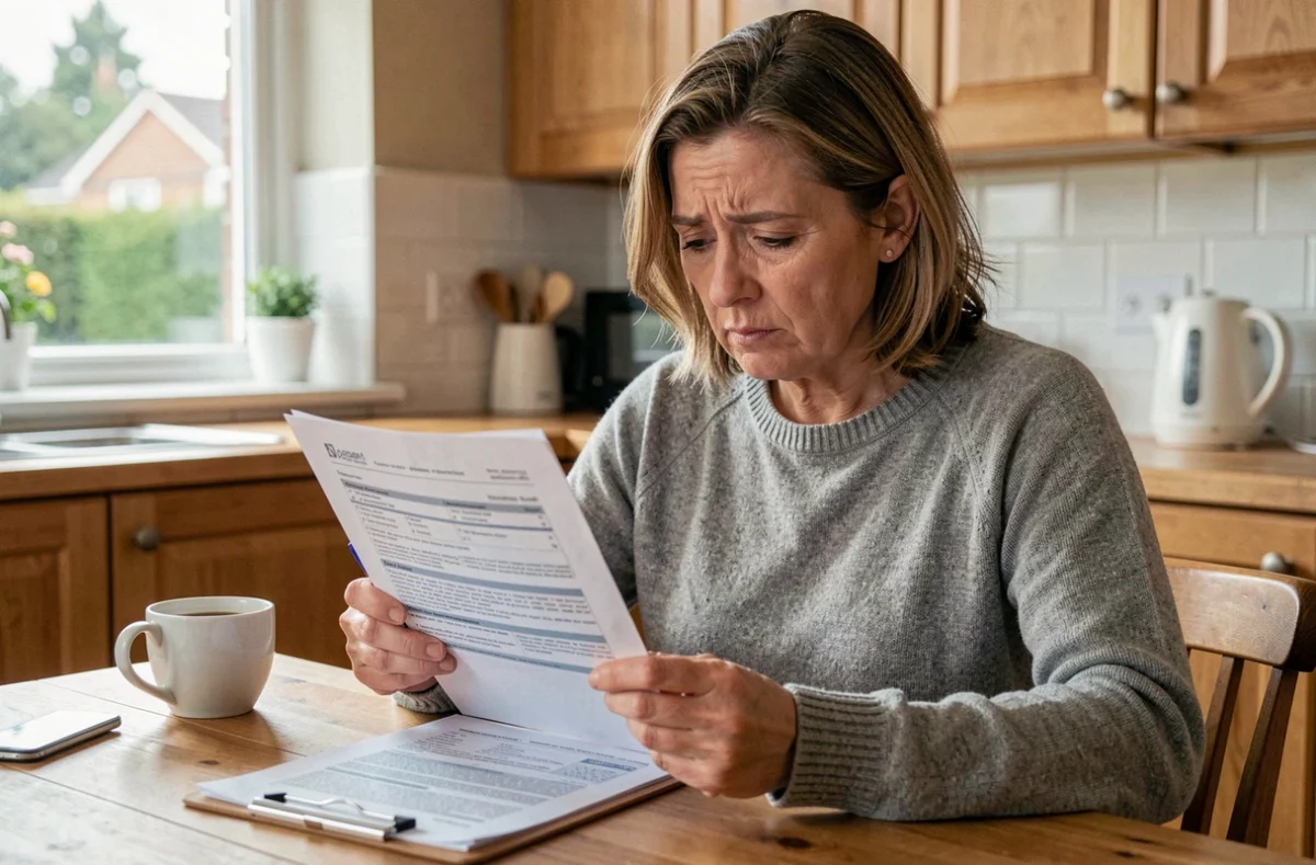 Femme lisant un contrat d'assurance habitation à table dans une cuisine, stylo à la main