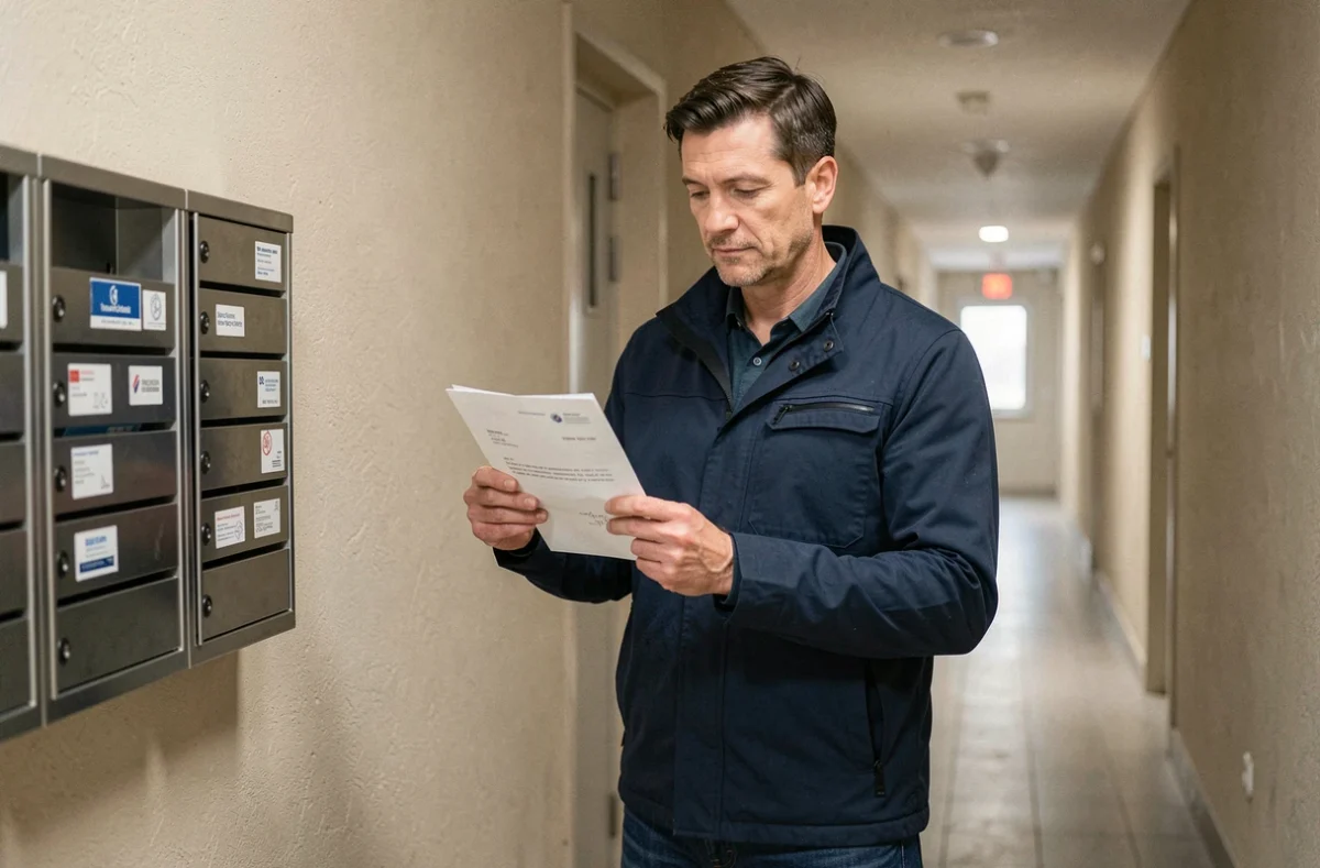 Homme envoyant une lettre de résiliation d'assurance habitation dans le couloir d'un immeuble