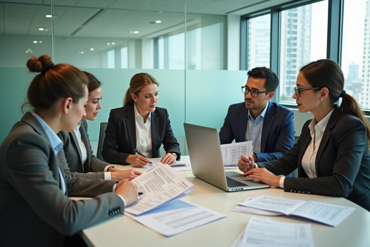 Réunion professionnelle autour de standards de construction et de garanties pour les futurs propriétaires dans un bureau immobilier moderne