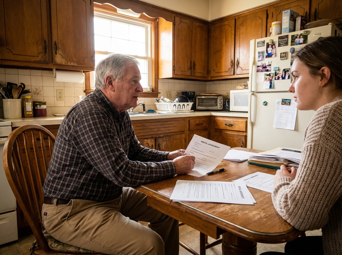 Homme âgé examinant un contrat de location avec une jeune femme à la cuisine