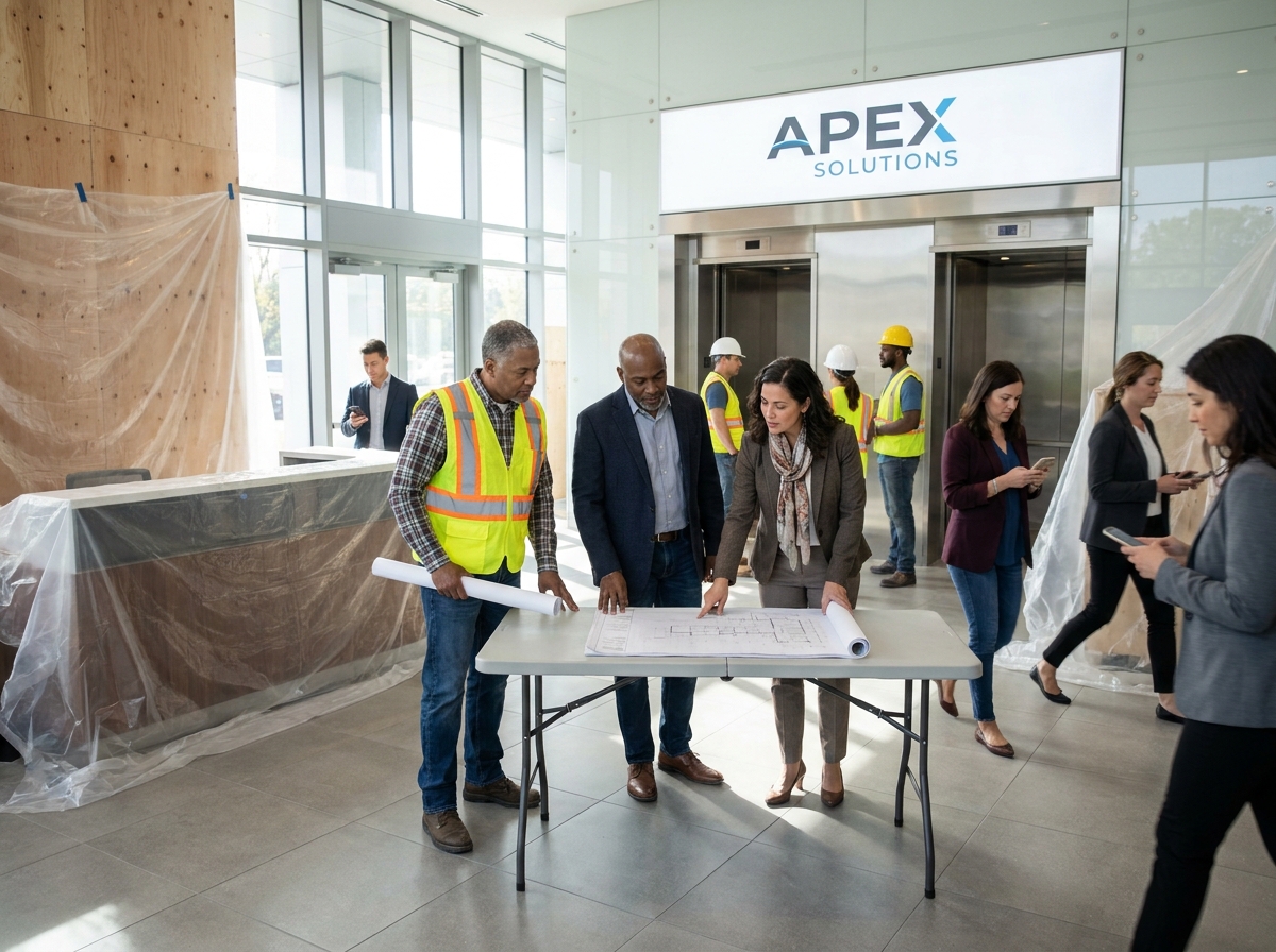 Groupe de gestionnaires discutant plans de renovation dans un lobby
