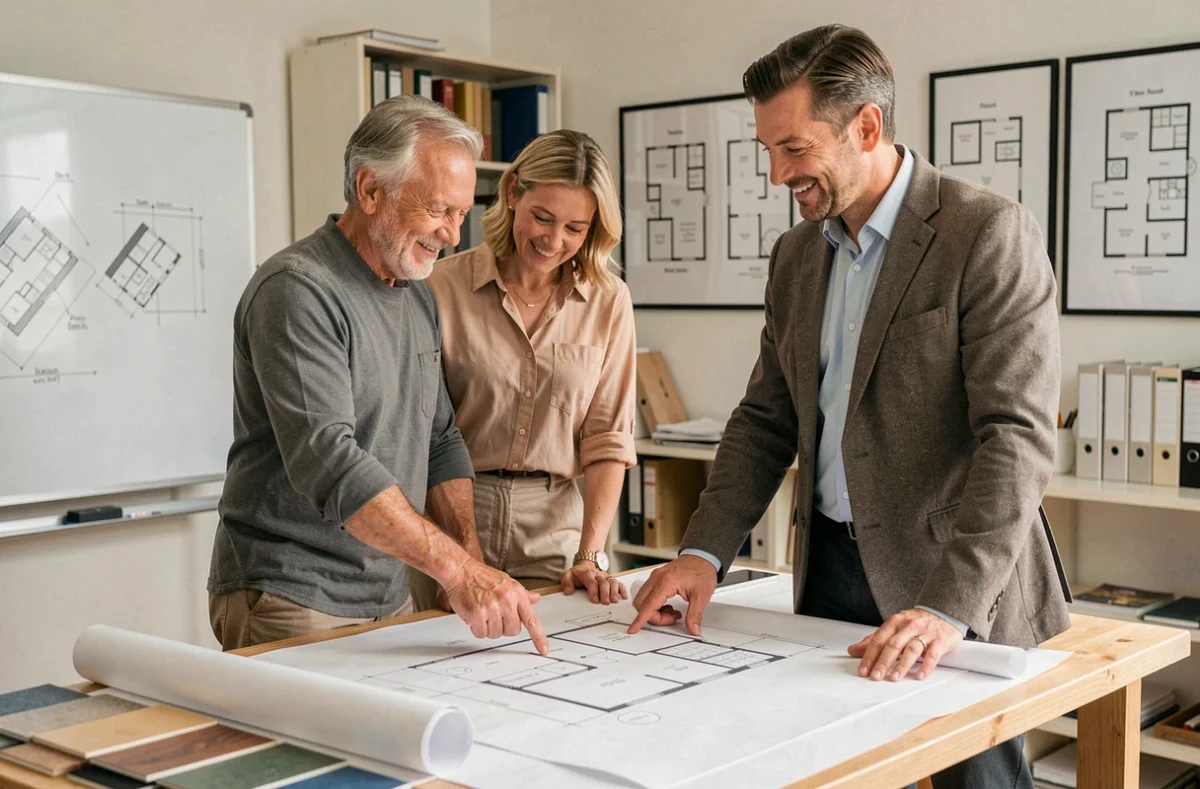 Couple discutant des plans de leur futur pavillon avec un conseiller construction autour d'une table de travail avec blueprints