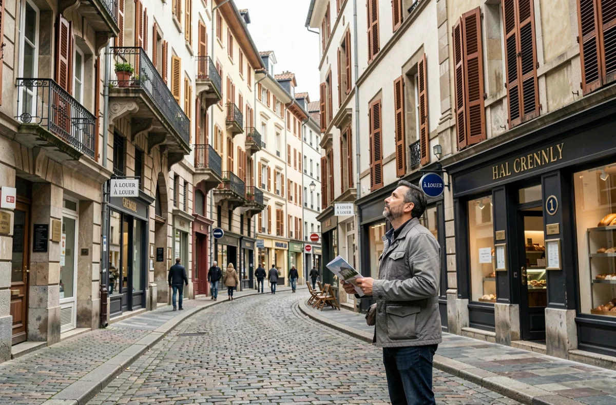 Rue piétonne de l'hypercentre de Grenoble avec immeubles anciens et affiche de location meublée