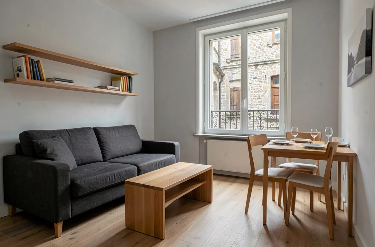 Salon d'un appartement meublé moderne prêt à la location dans le centre-ville de Grenoble
