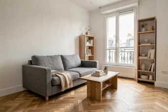 Salon d'appartement meublé prêt à la location avec canapé en lin gris, table basse en bois et décoration neutre épurée