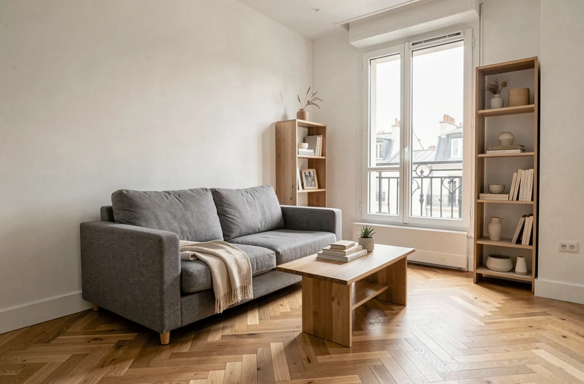 Salon d'appartement meublé prêt à la location avec canapé en lin gris, table basse en bois et décoration neutre épurée