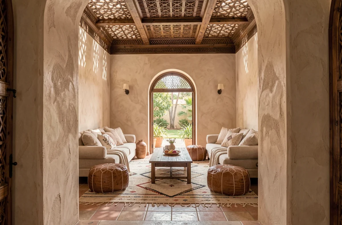 Salon intérieur d'une villa à vendre à Targa Marrakech avec plafond en cèdre et tadelakt