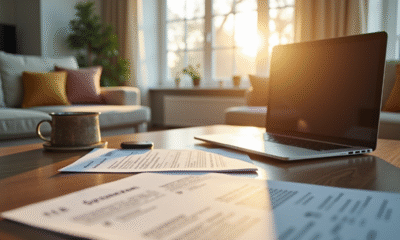 Salon lumineux avec documents et ordinateur pour assurance