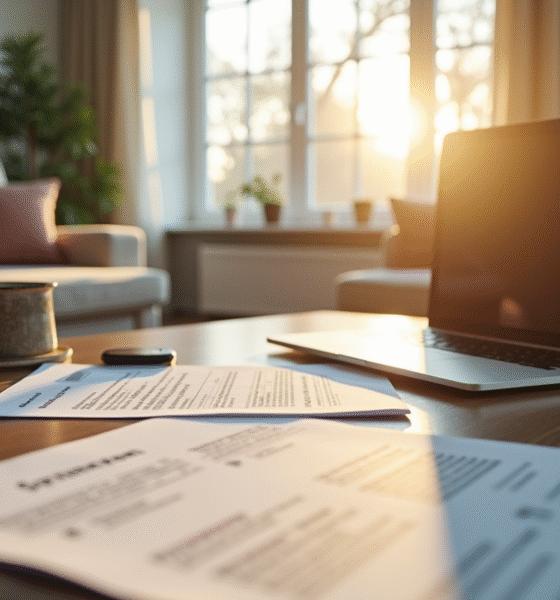 Salon lumineux avec documents et ordinateur pour assurance