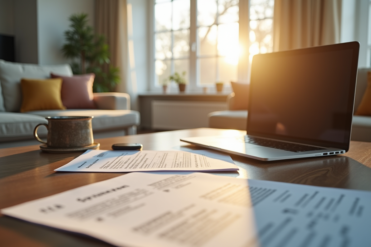 Salon lumineux avec documents et ordinateur pour assurance