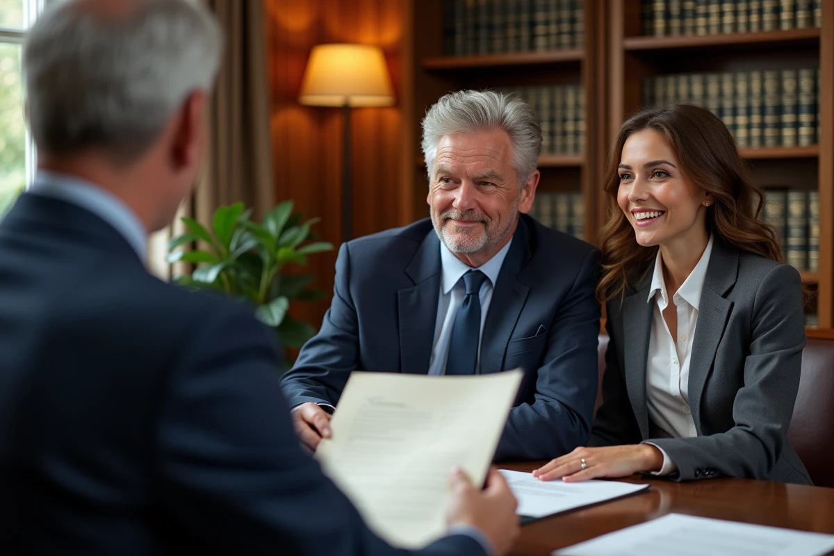 Notaire et jeune couple échangeant un document immobilier