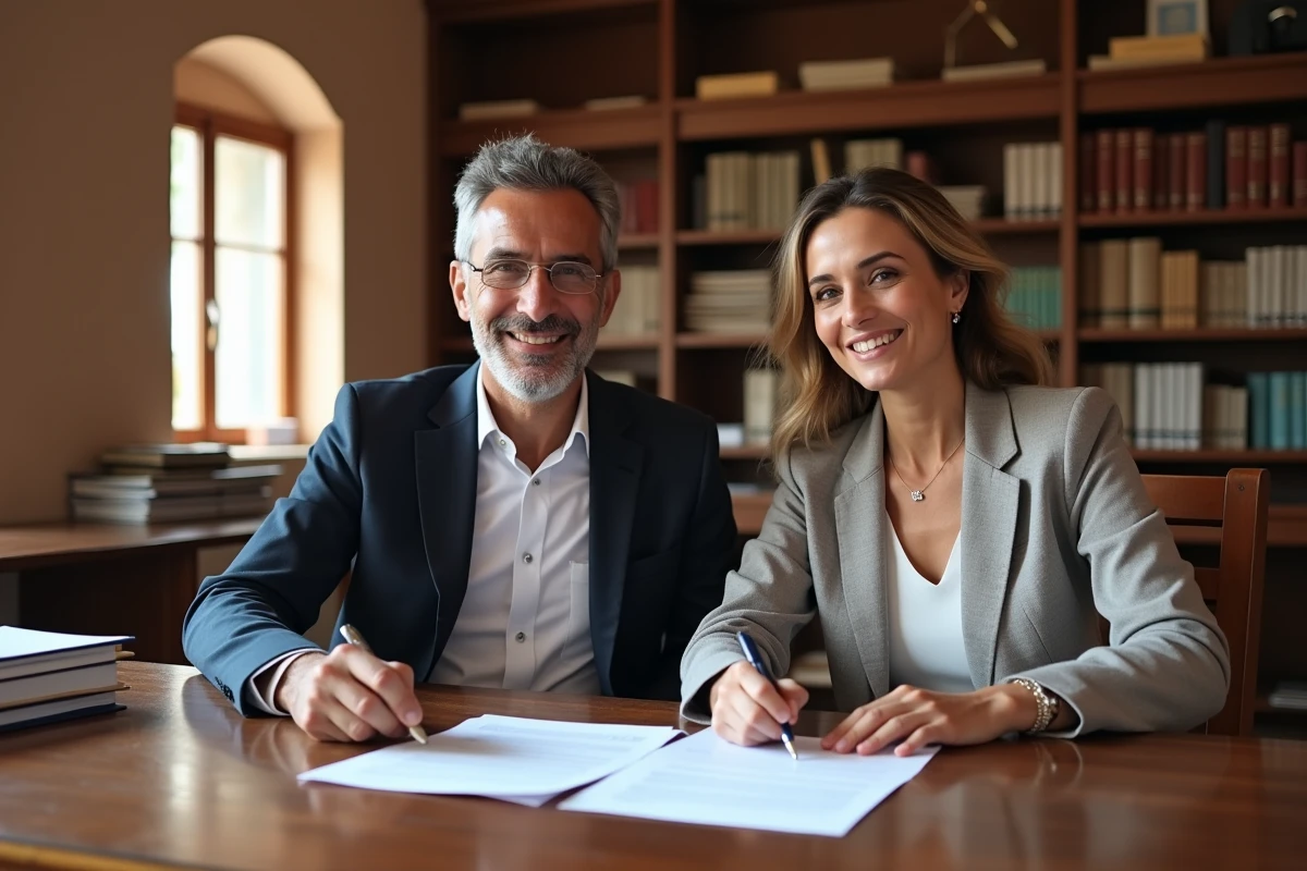 Couple marocain signant un contrat de vente immobilière chez un notaire à Marrakech
