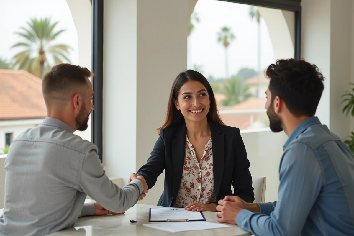 Signature d'un compromis de vente entre particuliers dans un appartement moderne à Marrakech