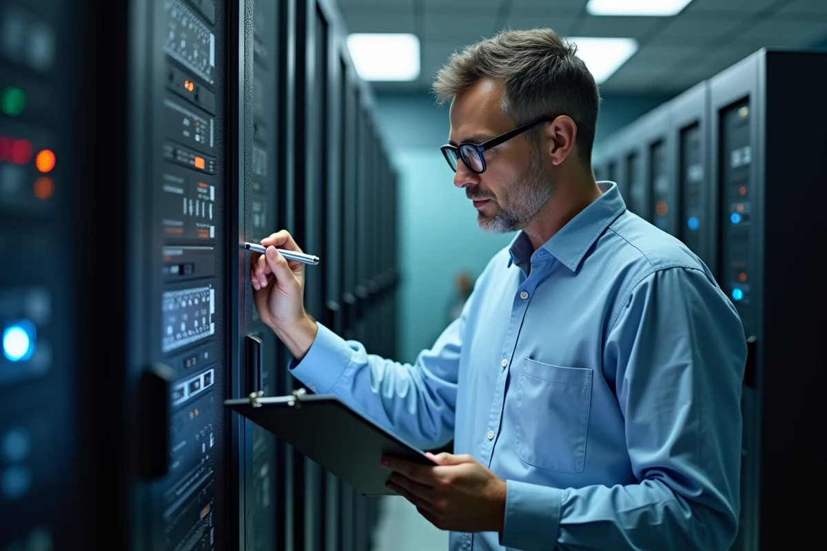 Spécialiste informatique vérifiant un serveur dans un centre de données sécurisé