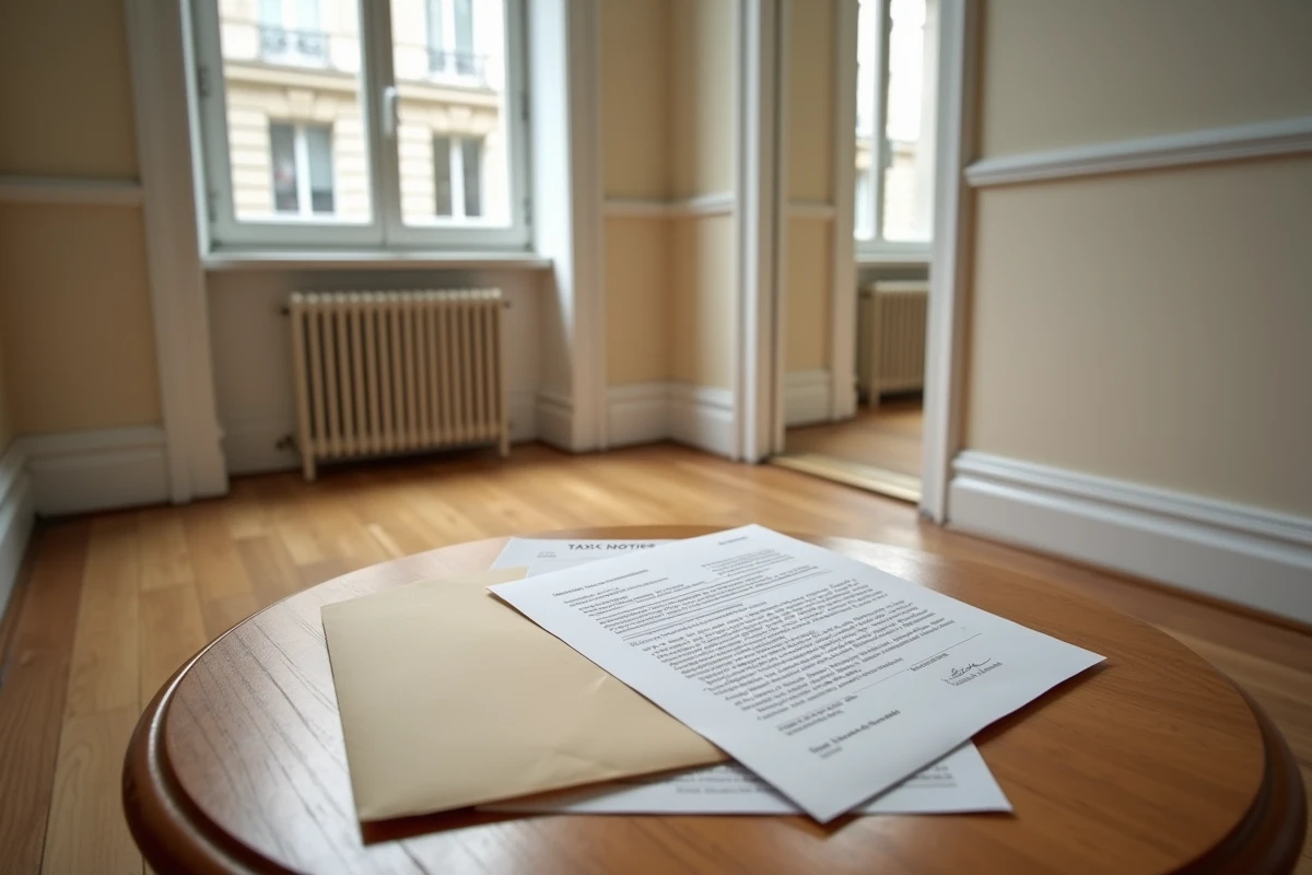 Studio locatif vide avec contrat de bail et avis fiscal posés sur une table, illustrant une location non déclarée