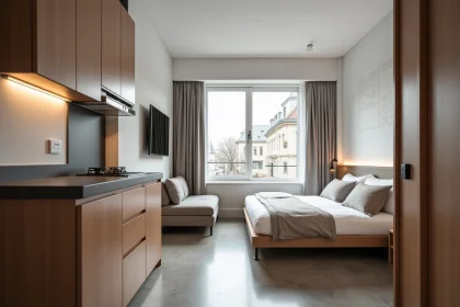 Intérieur d'un T1 bis meublé conforme aux normes, avec espace nuit séparé, coin salon et kitchenette équipée