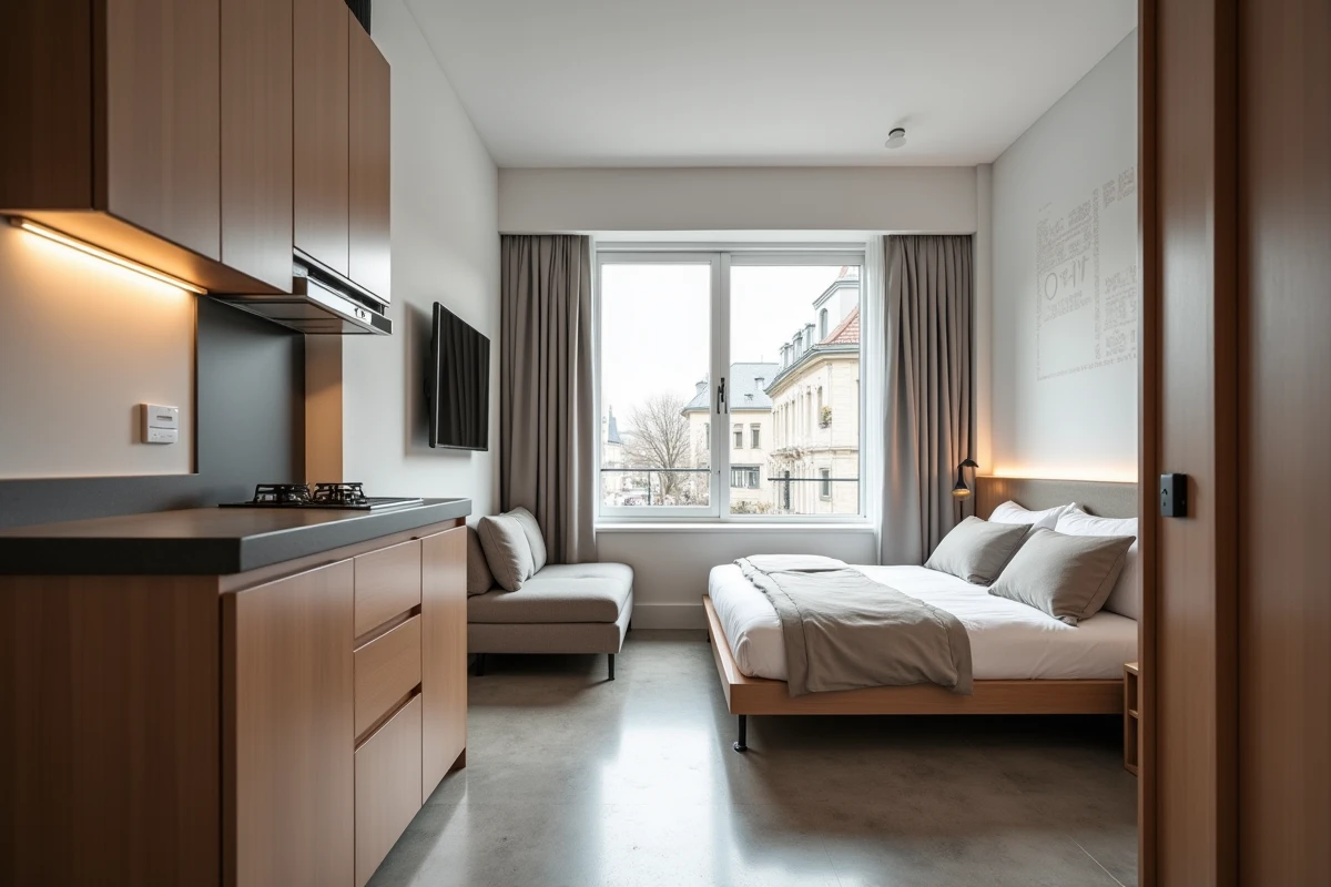 Intérieur d'un T1 bis meublé conforme aux normes, avec espace nuit séparé, coin salon et kitchenette équipée