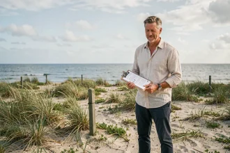 Agent immobilier sur un terrain à vendre en bord de mer atlantique avec documents de vente