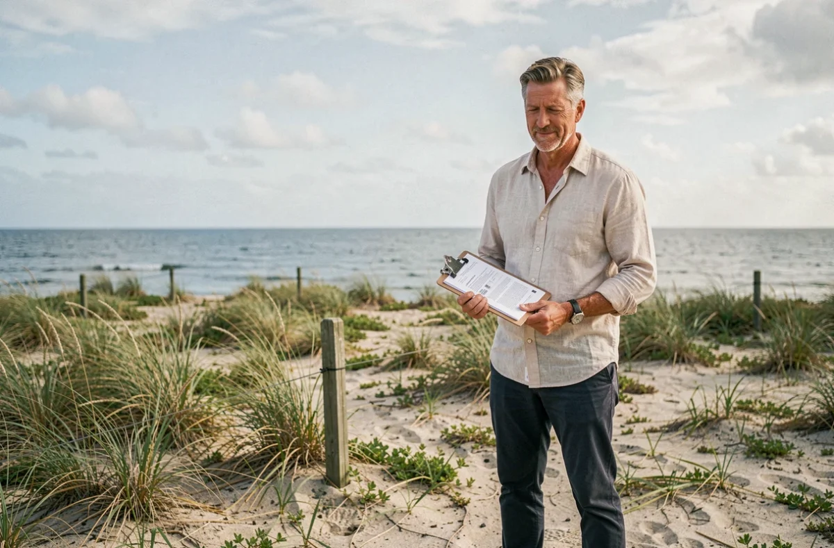 Agent immobilier sur un terrain à vendre en bord de mer atlantique avec documents de vente