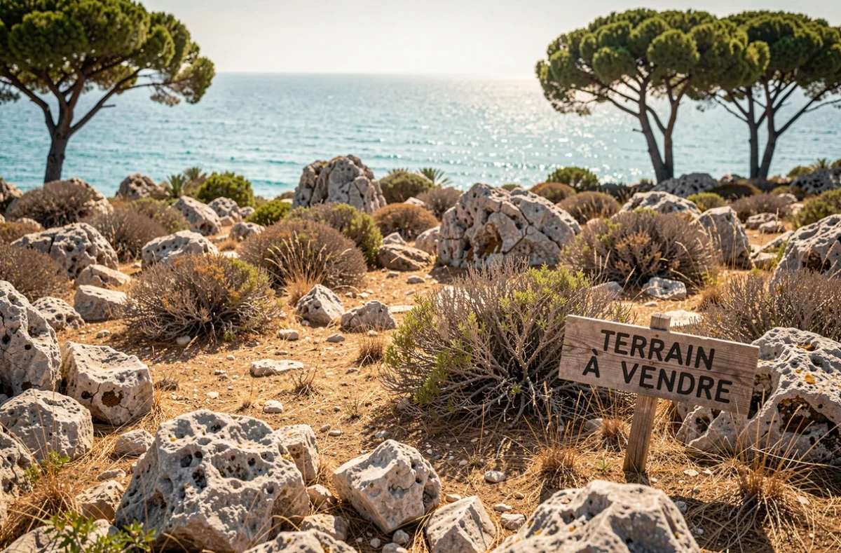 Terrain à vendre en bord de mer méditerranéen avec végétation garrigue et vue sur la mer turquoise
