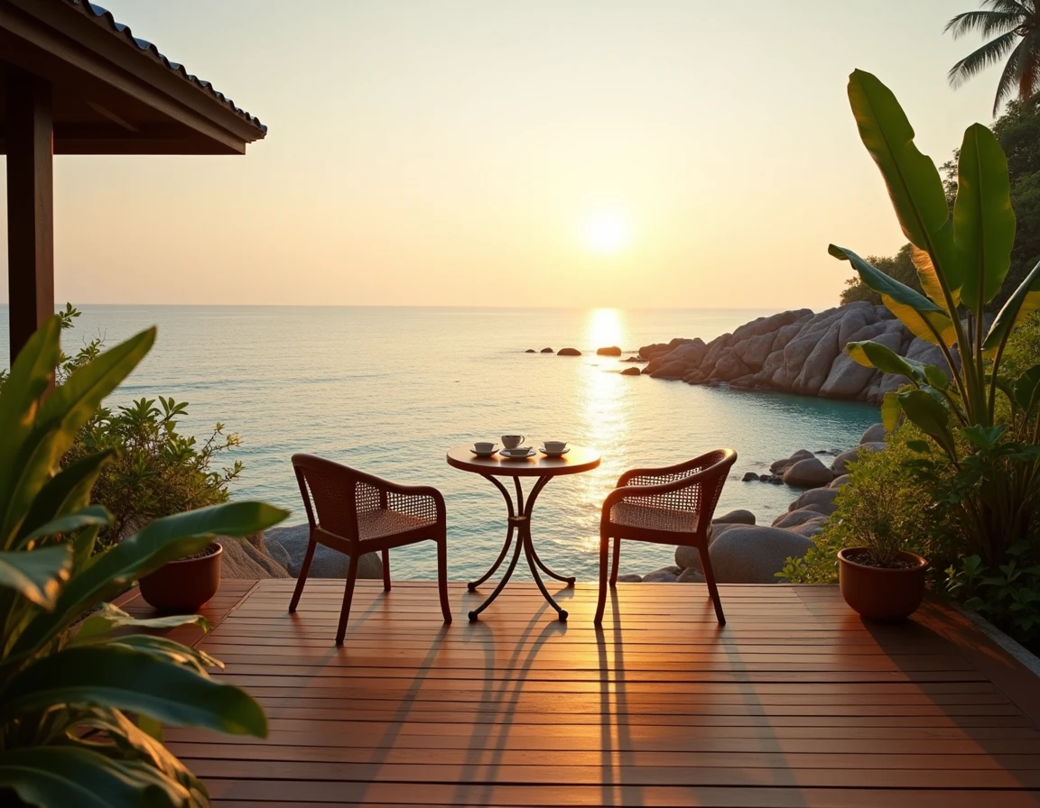 Terrasse privée en bord de mer d'une villa à vendre à Koh Samui avec vue panoramique sur l'océan