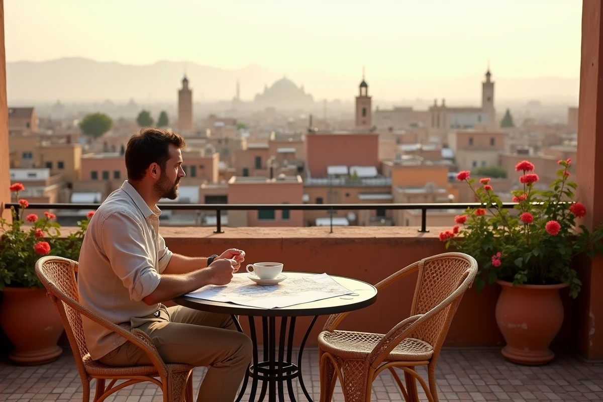 Homme consultant des plans d'achat sur la terrasse d'un riad rénové avec vue panoramique sur les toits de la Médina de Marrakech