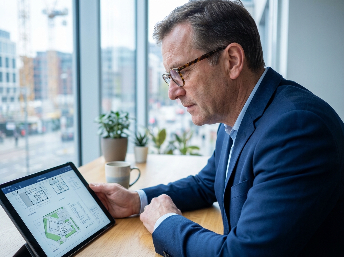 Urbaniste senior analysant des plans sur une tablette