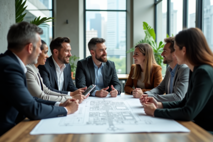 Groupe d urbanistes en réunion autour de plans urbains
