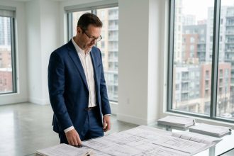 Professionnel de l'immobilier analysant des documents de valorisation d'actifs dans un bureau moderne avec vue sur la ville