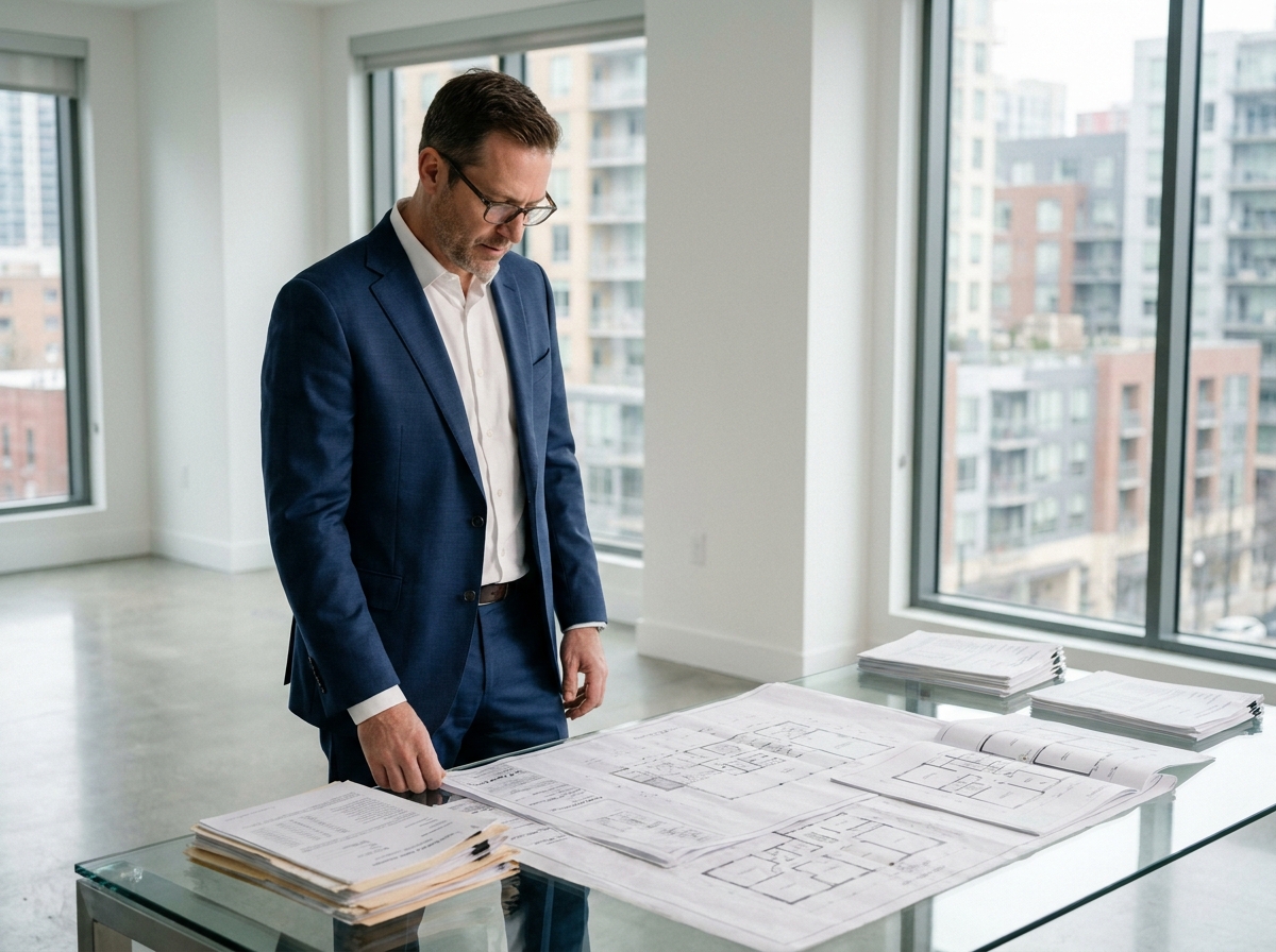 Professionnel de l'immobilier analysant des documents de valorisation d'actifs dans un bureau moderne avec vue sur la ville