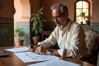 Vendeur particulier marocain examinant des documents immobiliers dans un bureau de riad à Marrakech