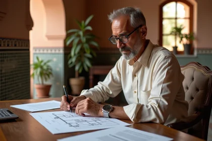 Vendeur particulier marocain examinant des documents immobiliers dans un bureau de riad à Marrakech