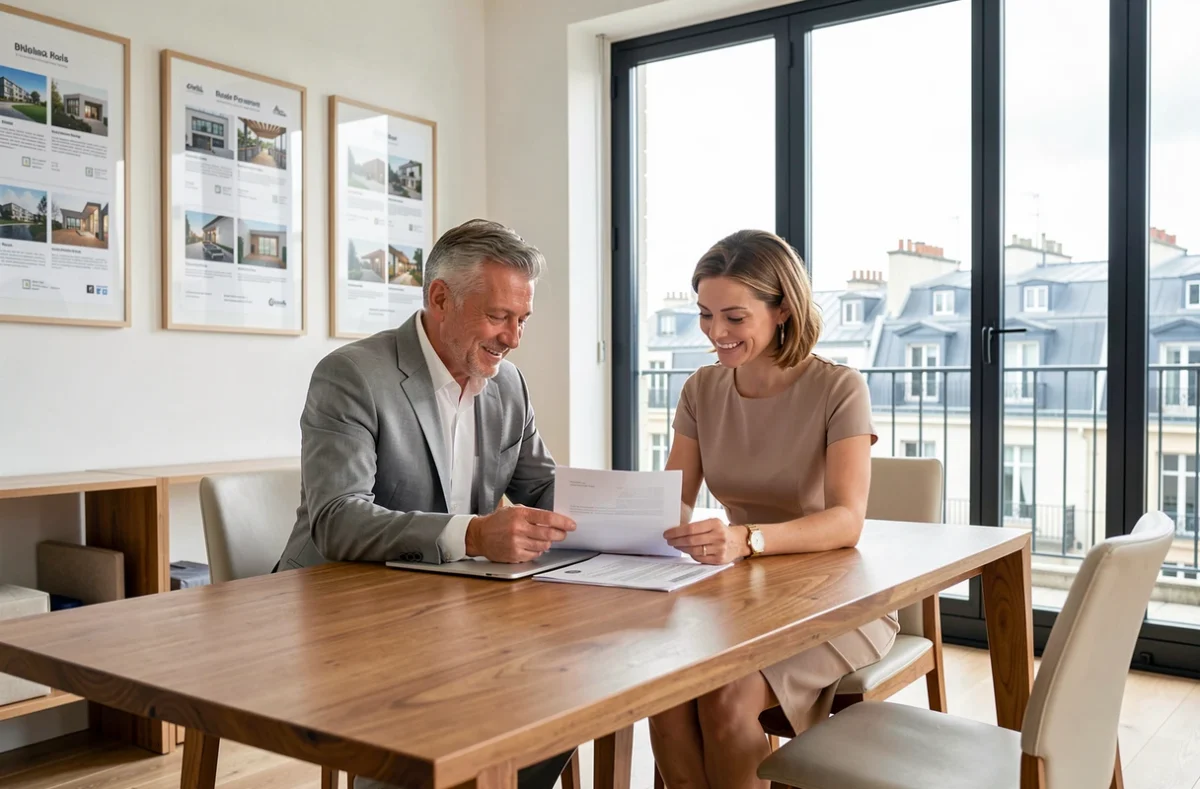 Couple de vendeurs en réunion dans une agence immobilière de luxe pour donner leur avis Kretz