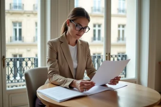Femme consultant des documents immobiliers dans un appartement haussmannien parisien pour préparer la vente de son bien