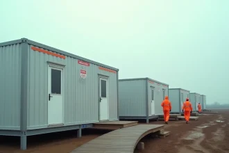 Village temporaire composé de modules ALGECO blancs alignés sur un terrain boueux après sinistre, avec des travailleurs humanitaires en gilets orange