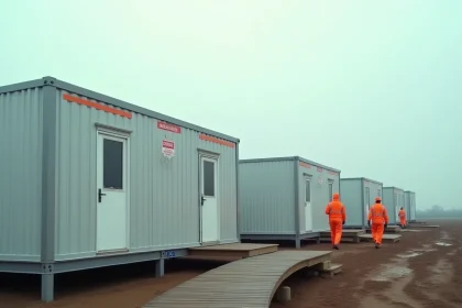 Village temporaire composé de modules ALGECO blancs alignés sur un terrain boueux après sinistre, avec des travailleurs humanitaires en gilets orange
