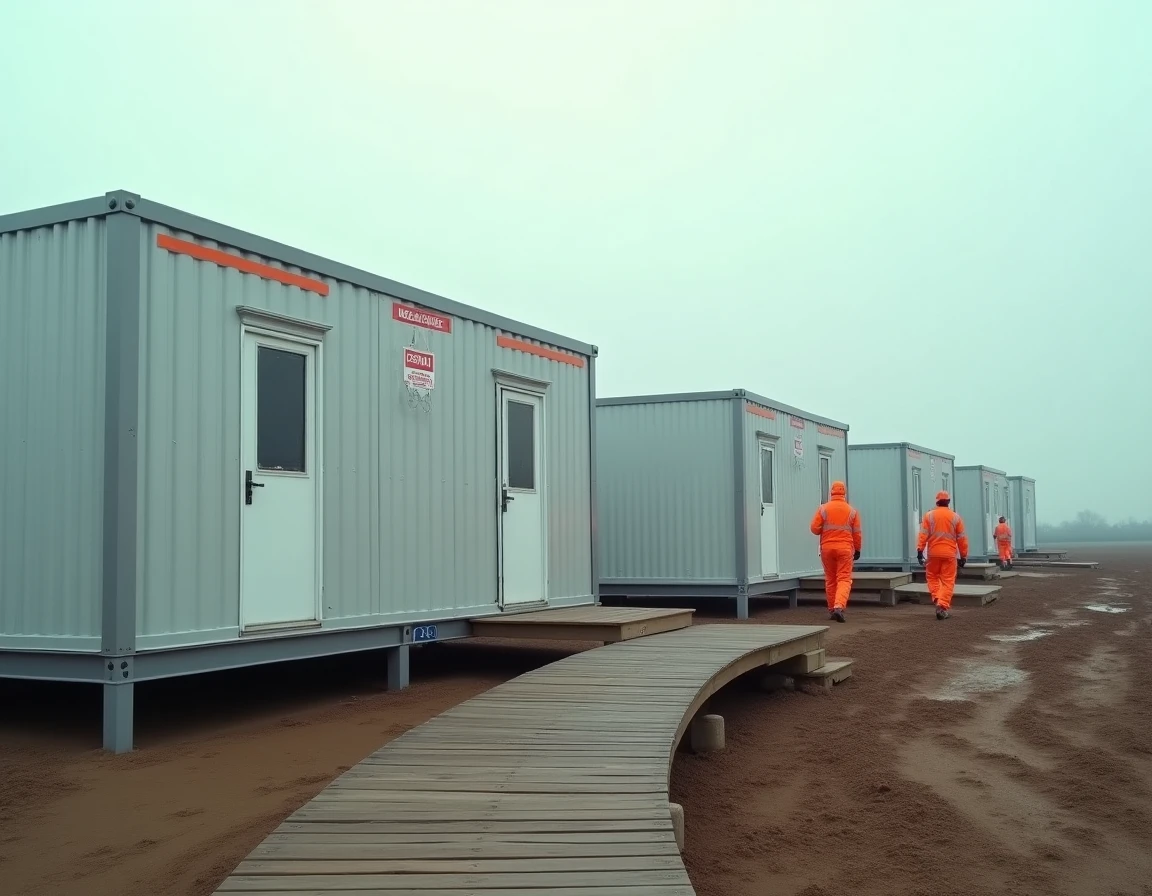 Village temporaire composé de modules ALGECO blancs alignés sur un terrain boueux après sinistre, avec des travailleurs humanitaires en gilets orange
