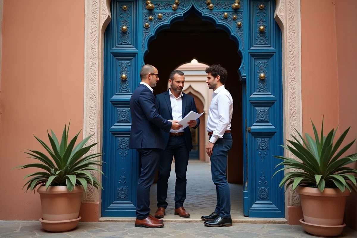 Agent immobilier marocain présentant un riad à vendre à un couple européen devant une porte en bois sculpté dans une ruelle de la Médina de Marrakech
