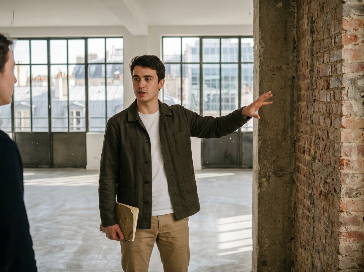 Jeune entrepreneur visitant un espace de bureaux vide à Issy-les-Moulineaux, évaluant le potentiel d'aménagement dans un immeuble au style industriel