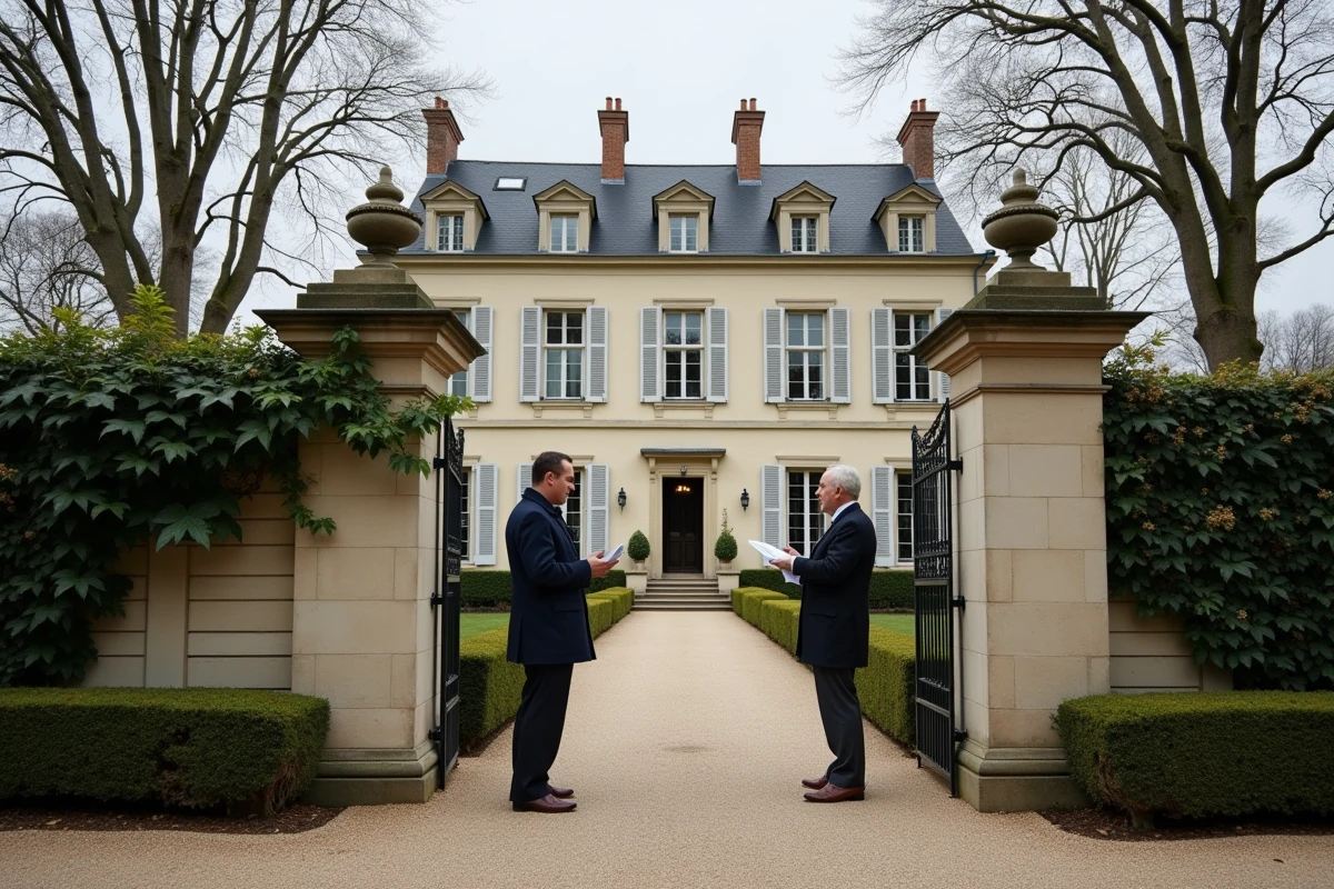 Couple visitant une maison bourgeoise de prestige lors d'une vente immobilière confidentielle en France